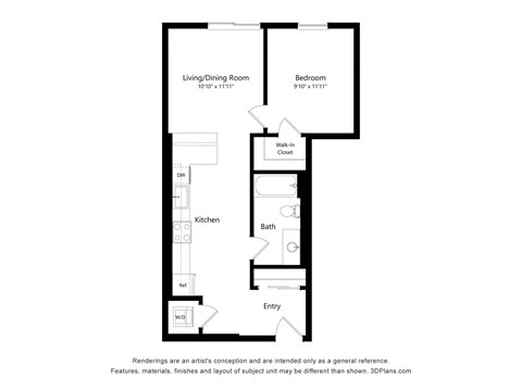 Floor plan for 1 bed, 1 bath, 669 sqft